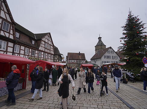Weihnachtliches Treiben zwischen Altstadtfassaden und geschm&uuml;ckten Marktst&auml;nden.