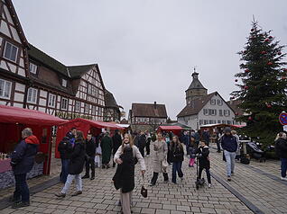 Weihnachtliches Treiben zwischen Altstadtfassaden und geschm&uuml;ckten Marktst&auml;nden.