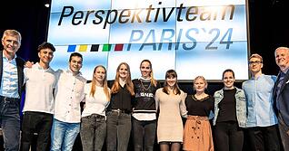 Elf mit einem Ziel: Olympia 2024 in Paris. 2019 präsentiert sich das Sporthilfe-Perspektivteam mit den Vorsitzenden Richard Lohmiller (links) und Uwe Ralf Heer erstmals der Öffentlichkeit.
Foto: Andreas Veigel