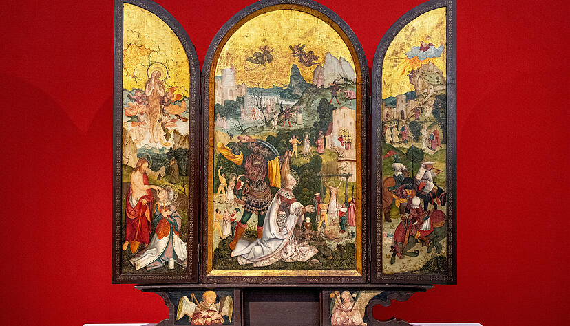 Eine Art vormodernes Wimmelbild: Jerg Ratgebs Barbara-Altar, 1509/10, Tempera, Öl auf Holz, eine Leihgabe der Evangelischen Johanneskirche Schwaigern, ist Ausgangspunkt der Ausstellung in der Kunsthalle Vogelmann.
Fotos: Lina Bihr