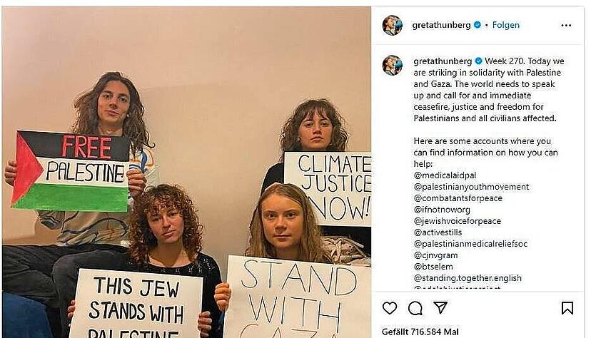 Greta Thunberg, Gr&uuml;nderin der Fridays for Future (rechts unten), zeigte sich mit den Pal&auml;stinensern solidarisch. Die Hamas-Massaker erw&auml;hnte sie nicht.
