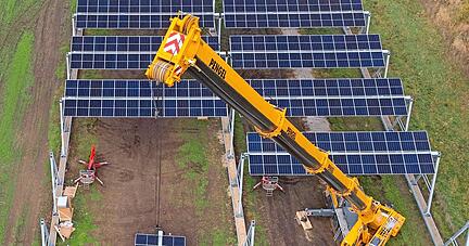 So ähnlich wird es aussehen, wenn die sogenannte Agri-PV-Anlage bei Goggenbach installiert wird: Die Solarmodule stehen drei Meter über dem Boden.
Foto: Archiv/privat