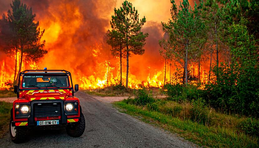 Flächenbrand in der Nähe von Landiras im Südwesten Frankreichs. Einsatzkräfte haben Tausende Menschen vor den sich ausbreitenden Flammen in Sicherheit gebracht. Flächenbrand in der Nähe von Landiras im Südwesten Frankreichs. Einsatzkräfte haben Tausende Menschen vor den sich ausbreitenden Flammen in Sicherheit gebracht.
