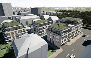 Die Visualisierung des Projektes von Nordwesten her zeigt die drei geplanten Gebäude mit Dachbegrünung, rechts den Alten Friedhof und links oben das bestehende Hochhaus an der Weinsberger Straße. Die Visualisierung des Projektes von Nordwesten her zeigt die drei geplanten Gebäude mit Dachbegrünung, rechts den Alten Friedhof und links oben das bestehende Hochhaus an der Weinsberger Straße.