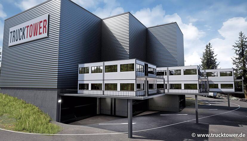 Verkleidet sieht der Truck Tower dann aus wie ein unscheinbarer Industriebau. In der vorgesehenen Gr&ouml;&szlig;e kann er sich ins Umfeld einpassen.
Foto: Vollert