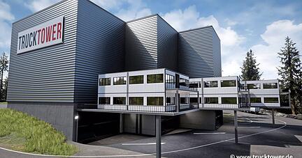 Verkleidet sieht der Truck Tower dann aus wie ein unscheinbarer Industriebau. In der vorgesehenen Gr&ouml;&szlig;e kann er sich ins Umfeld einpassen.
Foto: Vollert