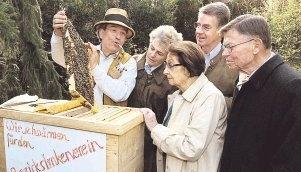 Bodo Peter (links) zeigt Gisela Haellmigk, Ruth Reinwald, Rolf Gminder und Christian Haellmigk eine Bienenwabe. Foto: Andreas Veigel