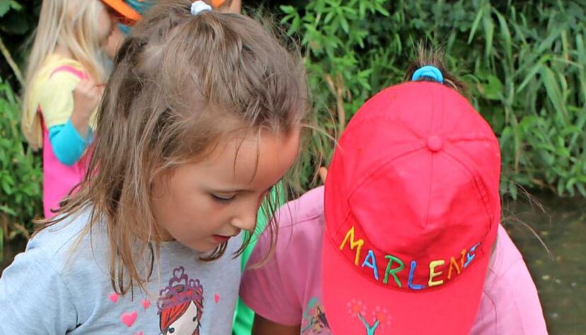 Die kleinen M&auml;dchen betrachten aufmerksam, was sie gefangen haben.