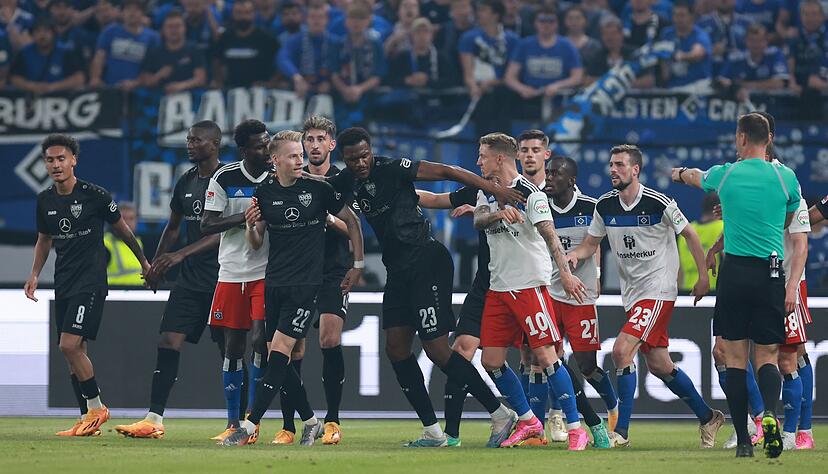 Das provokante Jubeln der Stuttgarter Spieler vor den HSV-Fans sorgte für eine Rudelbildung. Das provokante Jubeln der Stuttgarter Spieler vor den HSV-Fans sorgte für eine Rudelbildung.