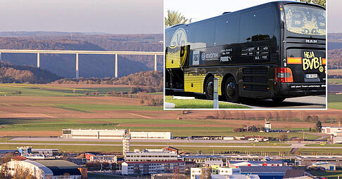 Blick auf die Kochertalbrücke (Hintergrund) und den Flugplatz von Schwäbisch Hall vorne.