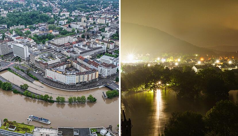 Heftiger Dauerregen hat im Saarland vielfache Überflutungen und Erdrutsche verursacht (links). In Schoden an der Saar im Kreis Trier-Saarburg mussten Menschen ihre Häuser verlassen. Heftiger Dauerregen hat im Saarland vielfache Überflutungen und Erdrutsche verursacht (links). In Schoden an der Saar im Kreis Trier-Saarburg mussten Menschen ihre Häuser verlassen.