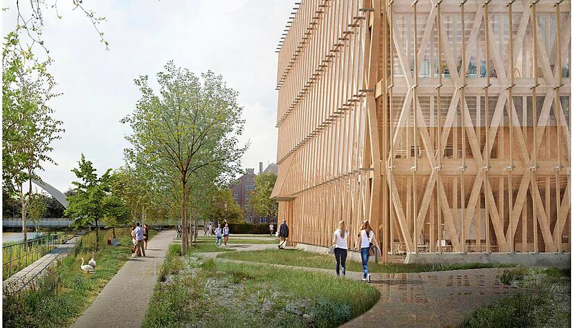 Der Siegerentwurf der Architekten Waechter+Waechter zeigt eine Holz-Glas-Fassade f&uuml;r das neue IFH-Geb&auml;ude. Bis 2023 soll es fertig sein.
Visualisierungen: Ponnie images