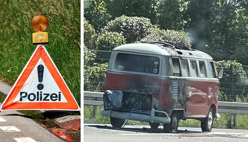 Ein VW Bulli brennt auf der B39 bei Weinsberg.