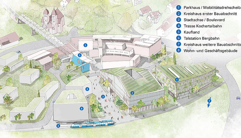 So sieht der st&auml;dtebauliche Entwurf f&uuml;r den neuen Stadteingang K&uuml;nzelsaus aus. Doch das Kreishaus wird wohl nicht so aussehen. Die Optik f&auml;llt dem Sparzwang zum Opfer.