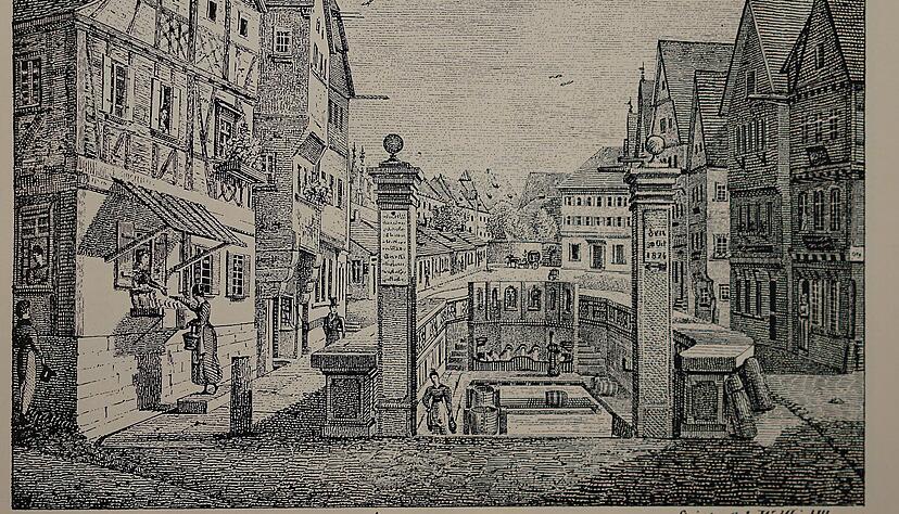 Diese Lithographie der Gebrüder Wolff zeigt den Siebenröhrenbrunnen in den 1830er Jahren und vermittelt eine Ahnung, wie groß die Anlage einmal war. Diese Lithographie der Gebrüder Wolff zeigt den Siebenröhrenbrunnen in den 1830er Jahren und vermittelt eine Ahnung, wie groß die Anlage einmal war.
