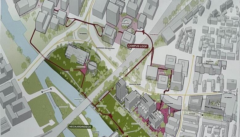 Der Stadtplan verdeutlicht, wo der Bildungscampus erweitert wird – und damit weiter in die Innenstadt rückt. Der Campus Loop zeigt die Anbindung für Fußgänger und Radfahrer. Der Stadtplan verdeutlicht, wo der Bildungscampus erweitert wird – und damit weiter in die Innenstadt rückt. Der Campus Loop zeigt die Anbindung für Fußgänger und Radfahrer.