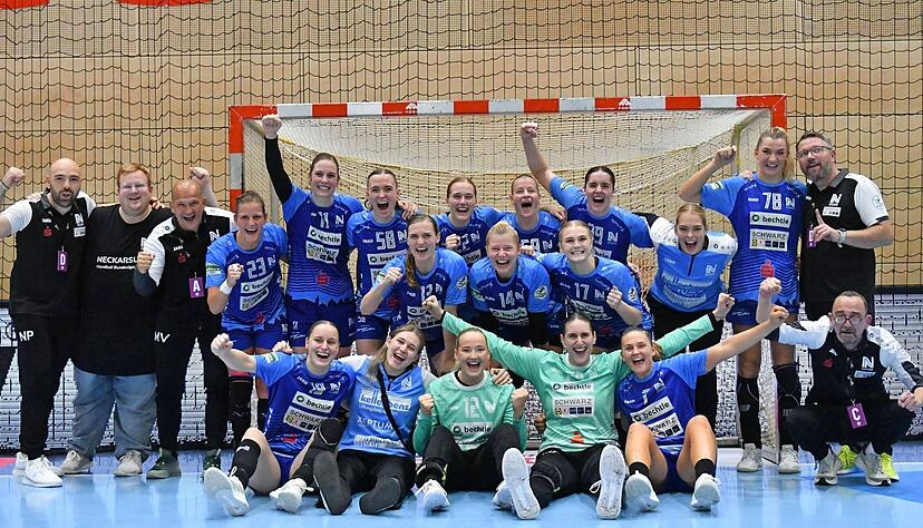 Ein Jubel-Foto mit Erinnerungswert: Erstmals eroberte die Sport-Union Neckarsulm am Samstagabend die Salza-Halle des Thüringer HC.