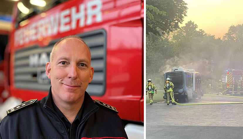 Jürgen Vogt erklärt, wie die Feuerwehr Heilbronn bei Löscharbeiten vorgeht, wenn Akkus von E-Fahrzeugen brennen.