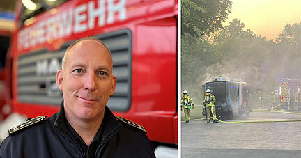 Jürgen Vogt erklärt, wie die Feuerwehr Heilbronn bei Löscharbeiten vorgeht, wenn Akkus von E-Fahrzeugen brennen.