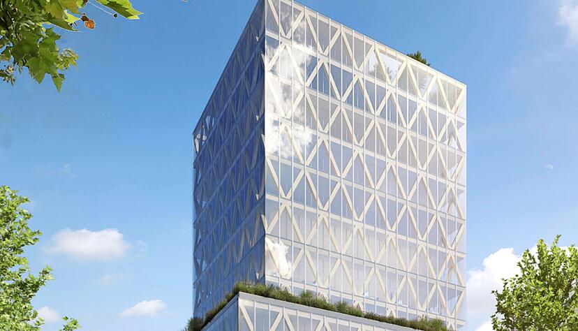 Als "Skulptur der Nachhaltigkeit" hat der Siegerentwurf des internationalen Architektenwettbewerbs f&uuml;r den geplanten W&uuml;rth-Neubau mit seinem 44 Meter hohen Holz-Hybrid-Hochhaus die Jury &uuml;berzeugt. Animationen: Orange Blu Building Solutions