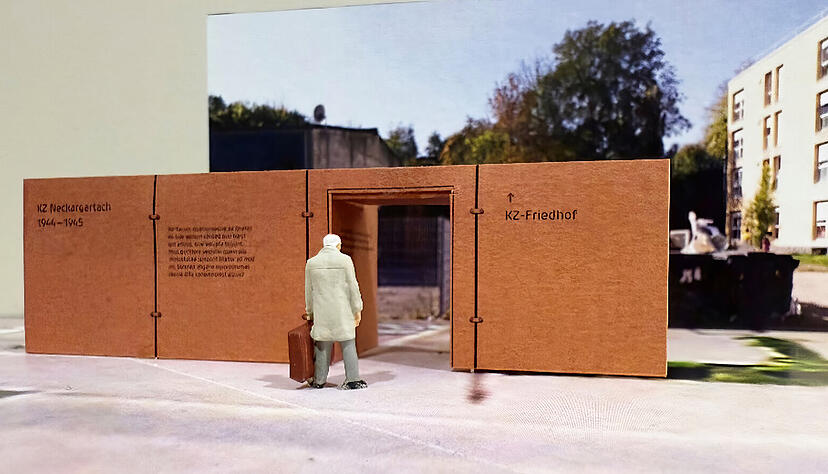 Die Fotomontage zeigt eine der geplanten Cortenstahl-W&auml;nde, die die n&ouml;rdlichen Gewerbegebiet Stadtteils an das KZ Neckargartach erinnern.