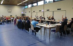 Abstimmung in der Mehrzweckhalle: Der Hüffenhardter Gemeinderat stimmte am Donnerstagabend einer Vereinbarung zum, um einen Windpark-Vertrag aufzuheben. Fotos: Simon Gajer