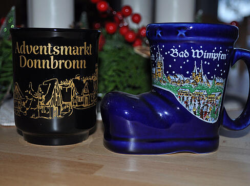 Tassen vom Adventsmarkt Donnbronn und vom Altdeutschen Weihnachtsmarkt Bad Wimpfen. Tassen vom Adventsmarkt Donnbronn und vom Altdeutschen Weihnachtsmarkt Bad Wimpfen.