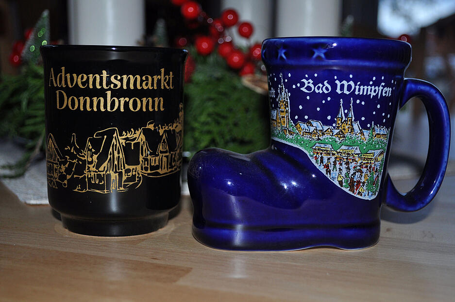 Tassen vom Adventsmarkt Donnbronn und vom Altdeutschen Weihnachtsmarkt Bad Wimpfen. Tassen vom Adventsmarkt Donnbronn und vom Altdeutschen Weihnachtsmarkt Bad Wimpfen.