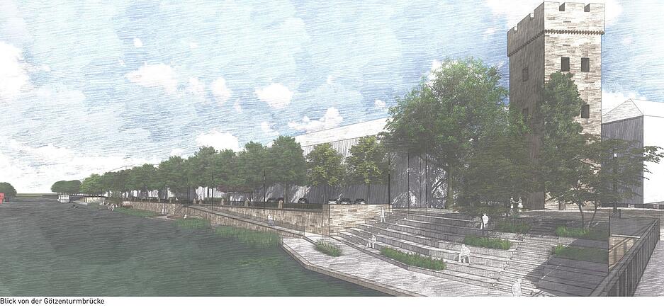 Dieser &auml;ltere Entwurf von 2021 des Landschaftsb&uuml;ros Hink ging aus einem Gestaltungswettbewerb hervor. Rechts der G&ouml;tzenturm mit neuer Treppenanlage und Rampe.