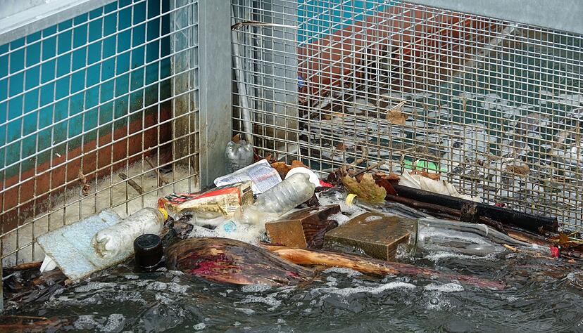 M&uuml;ll hat sich in den beiden K&ouml;rben der M&uuml;llfalle &laquo;RheinKrake&raquo; verfangen. (Handout)