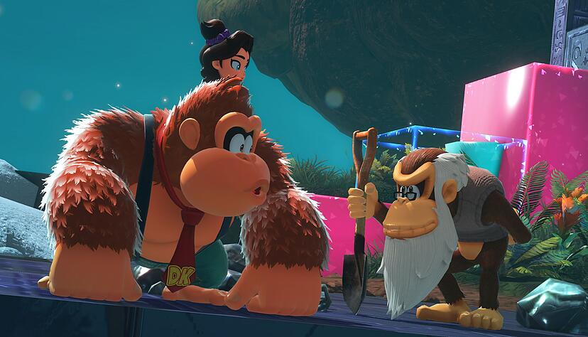 Generationen vereint: Donkey Kong, Pauline und der weise Cranky Kong schmieden Pl&auml;ne f&uuml;r das n&auml;chste Abenteuer.