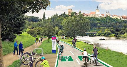 Wie eine Autobahn für Fahrradfahrer soll der Radschnellweg zwischen der Stauferstadt und der Käthchenstadt künftig aussehen.
Foto/Visualisierung: Regierungspräsidium Stuttgart