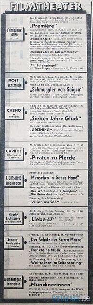 Filmtheater-Programm 1949 in der Heilbronner Stimme.
Deutsche Filmproduktionen überwiegen.