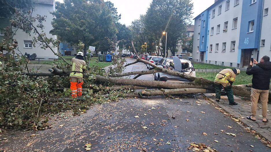 Die Feuerwehr beseitigt ein umgestürzten Baum, der auf ein Auto gestürzt ist. Ex-Hurrikan "Kirk" sorgt für zahlreiche Feuerwehreinsätze Die Feuerwehr beseitigt ein umgestürzten Baum, der auf ein Auto gestürzt ist. Ex-Hurrikan "Kirk" sorgt für zahlreiche Feuerwehreinsätze