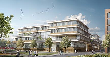 So soll die Privatschule einmal aussehen: Zur Schule gehört auch ein Café, das für alle geöffnet sein wird. Visualisierung: moka-studio