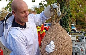 Feuerwehrmann und Imker Harald Wiedemann mit verschlossenem und vereisten Sekund&auml;rnest.