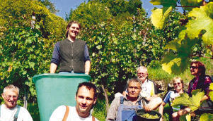 Weinlese im Jagsttal: Die Butte ist voll und man g&ouml;nnt sich eine kleine Ruhepause in den M&ouml;ckm&uuml;hler Steillagen.Foto: Cordula D&uuml;rr