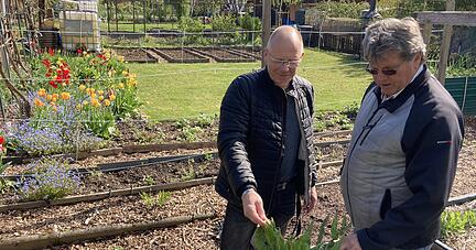 Vereinschef Ralf Hennrich (links) mit Hobbygärtner Waldemar Felsing in der Böckinger Kleingartenanlage Rasenäcker. Foto: Alexander Klug Vereinschef Ralf Hennrich (links) mit Hobbygärtner Waldemar Felsing in der Böckinger Kleingartenanlage Rasenäcker. Foto: Alexander Klug