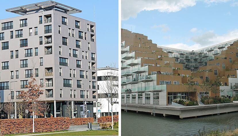 Wohnen auf dem Neckarbogen (links), Wohnen über dem Meeresspiegel in Amsterdam (rechts): Pfähle geben den Gebäuden Halt. Wohnen auf dem Neckarbogen (links), Wohnen über dem Meeresspiegel in Amsterdam (rechts): Pfähle geben den Gebäuden Halt.