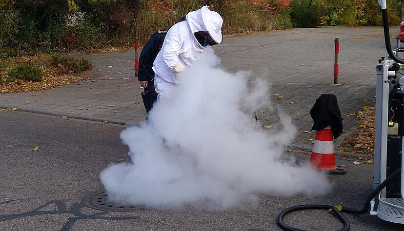 Eine der bewährten Methoden: Spezialisten der Velutina-Taskforce lassen Stickstoff in ein Sekundärnest der Asiatischen Hornisse einströmen. Eine der bewährten Methoden: Spezialisten der Velutina-Taskforce lassen Stickstoff in ein Sekundärnest der Asiatischen Hornisse einströmen.