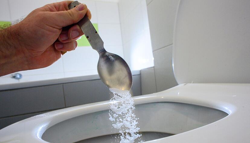 Step 1: Mit Waschpulver die zuvor mit Wasser angefeuchtete Toilette bestreuen und einwirken lassen.