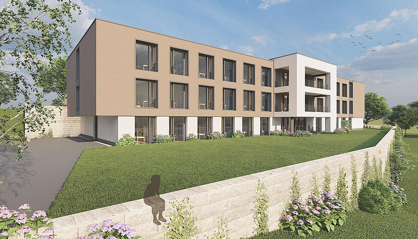 So könnte sich der Architekt das Hauptgebäude des Niedernhaller Seniorenzentrums vorstellen. Diese Gebäudeseite würde man sehen, wenn man vom Kocher in Richtung Feuerwehr/Bahnhof blickt.