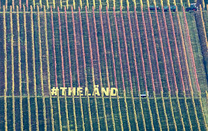 Der Werbe-Schriftzug "The Länd" ist bei der Präsentation der Werbe-Kampagne in den Weinbergen von Stuttgart angebracht. Der Werbe-Schriftzug "The Länd" ist bei der Präsentation der Werbe-Kampagne in den Weinbergen von Stuttgart angebracht.