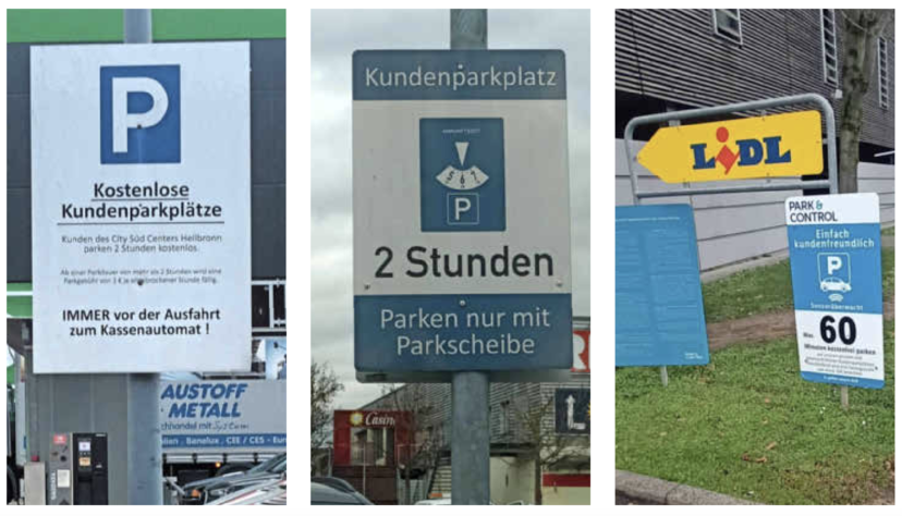 Am City Süd Center (Foto links) steht ein Kassenautomat. Edeka Ueltzhöfer misst am Südbahnhof die Parkdauer mit Sensoren. Am Weipertzentrum (Mitte) ist in manchen Reihen eine Parkscheibe erforderlich, ebenso am Media Markt in Heilbronn. An der Lidl-Filiale in der Urbanstraße (rechts) darf nur 60 Minuten geparkt werden. Kaufland erlaubt in Neckarsulm drei Stunden. Fotos: Heiko Fritze Am City Süd Center (Foto links) steht ein Kassenautomat. Edeka Ueltzhöfer misst am Südbahnhof die Parkdauer mit Sensoren. Am Weipertzentrum (Mitte) ist in manchen Reihen eine Parkscheibe erforderlich, ebenso am Media Markt in Heilbronn. An der Lidl-Filiale in der Urbanstraße (rechts) darf nur 60 Minuten geparkt werden. Kaufland erlaubt in Neckarsulm drei Stunden. Fotos: Heiko Fritze