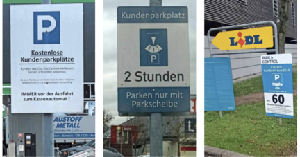 Am City S&uuml;d Center (Foto links) steht ein Kassenautomat. Edeka Ueltzh&ouml;fer misst am S&uuml;dbahnhof die Parkdauer mit Sensoren. Am Weipertzentrum (Mitte) ist in manchen Reihen eine Parkscheibe erforderlich, ebenso am Media Markt in Heilbronn. An der Lidl-Filiale in der Urbanstra&szlig;e  (rechts) darf nur 60 Minuten geparkt werden. Kaufland erlaubt in Neckarsulm drei Stunden. Fotos: Heiko Fritze
