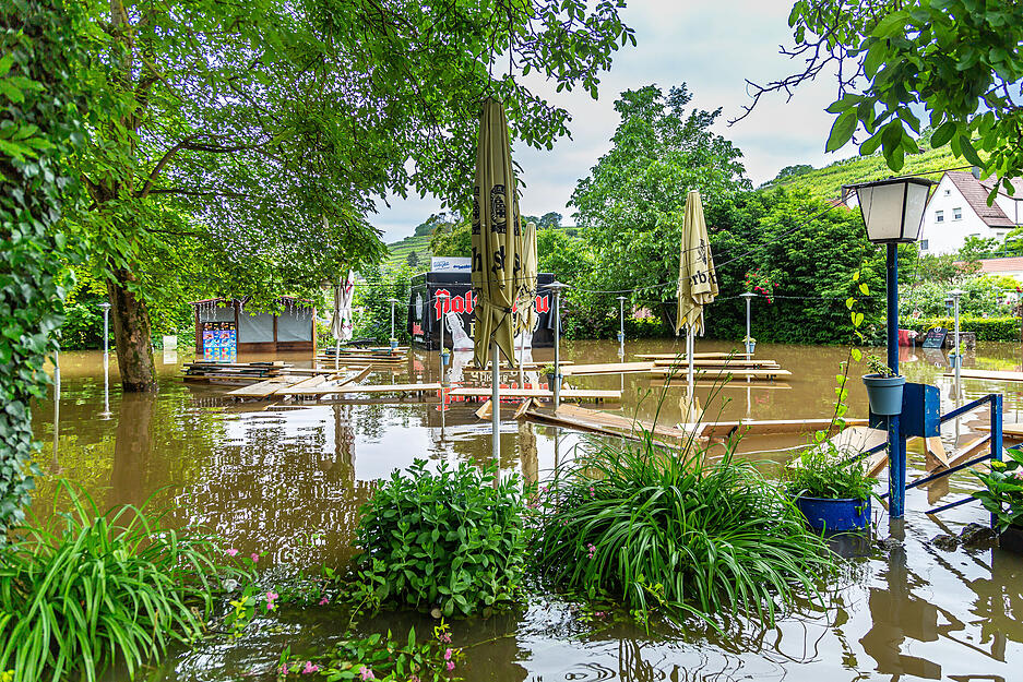 Anfang Juni 2024 stand der Biergarten der Klostergartenlaube in Lauffen komplett unter Wasser.