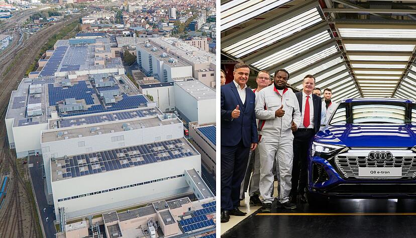 Das Audi-Werk in Brüssel (links). Im Dezember 2022 freute sich die Audi-Belegschaft in Brüssel über den Produktionsstart des Q8 E-Tron. Das Audi-Werk in Brüssel (links). Im Dezember 2022 freute sich die Audi-Belegschaft in Brüssel über den Produktionsstart des Q8 E-Tron.