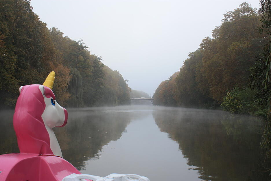 Das Einhorn-Treetboot an der Neckarbar blickt auf den vernebelten Neckar.