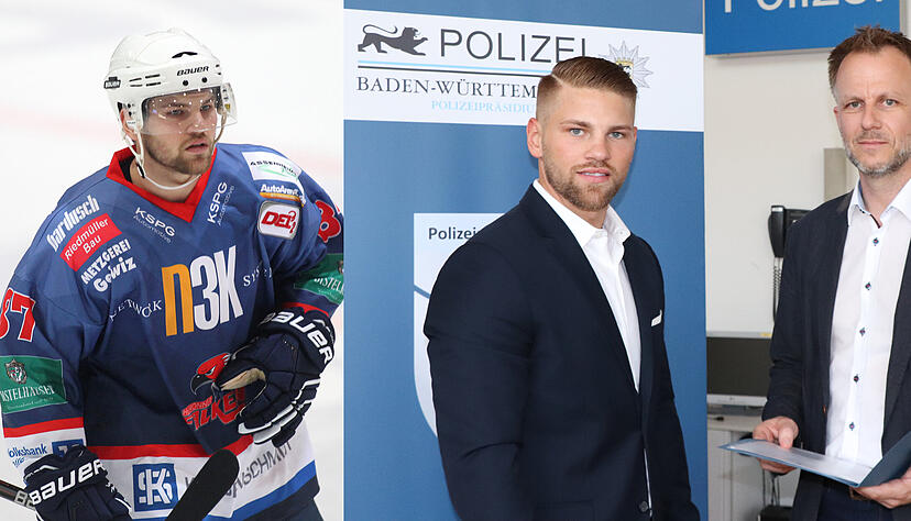 Markus Eberhardt im Trikot der Heilbronner Falken (links) und bei der Ehrung für seinen mutigen Einsatz. Kriminaloberrat Martin Lühning (rechts) überreichte dem Eishockey-Profi am Mittwoch ein Dankschreiben des Polizeipräsidenten Roland Eisele sowie ein kleines Präsent. Foto: Polizeipräsidium Aalen