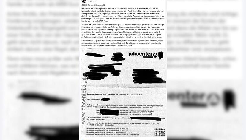 In einem Facebook-Post präsentiert der Tübinger Oberbürgermeister Boris Palmer einen Bürgergeld-Bescheid. Demnach hat eine Familie nahezu monatlich über 6000 Euro erhalten.